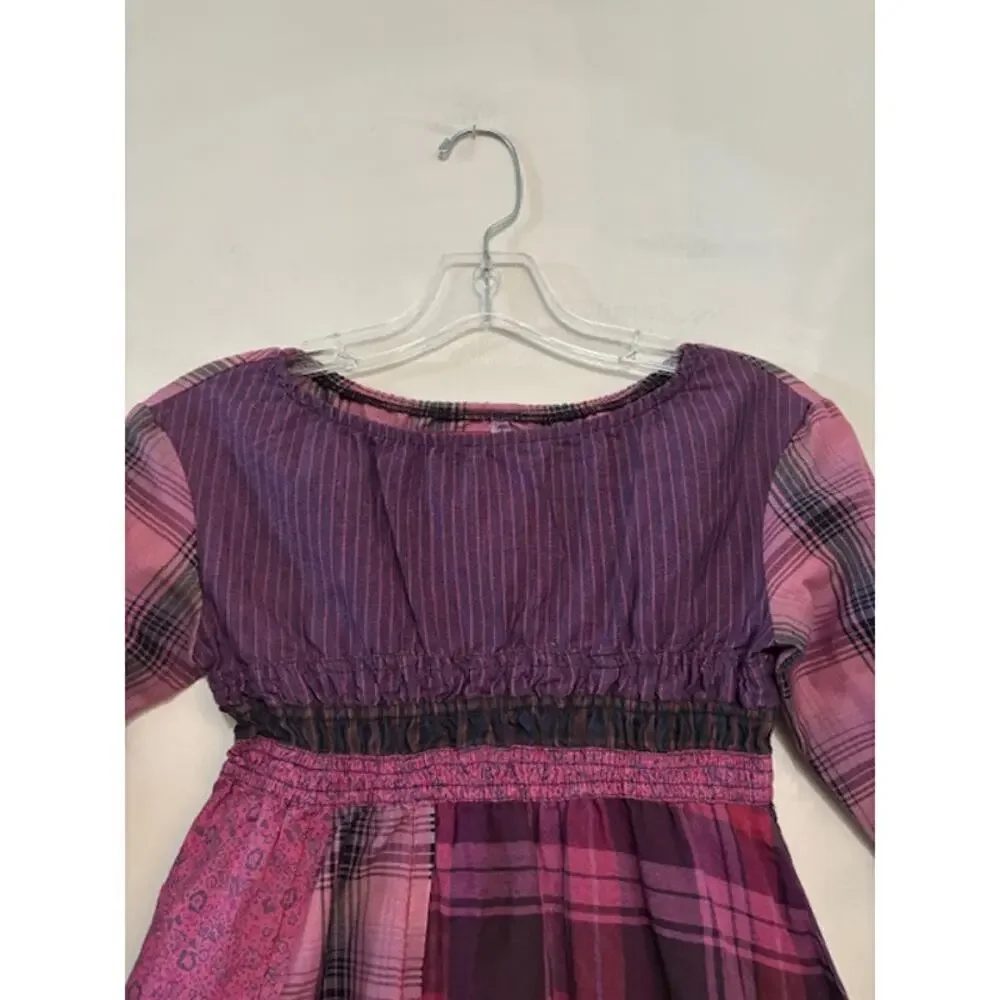 Desigual Patchwork Dress Girls Size 9 - 10 Plaid Bubble Hem Long Sleeve Boho